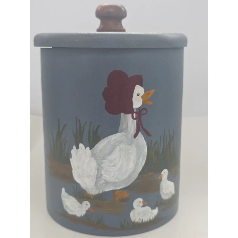 Wooden Blue Canister Cookie Jar w Lid Goose/Duck Hand Painted Vintage Folk Art
